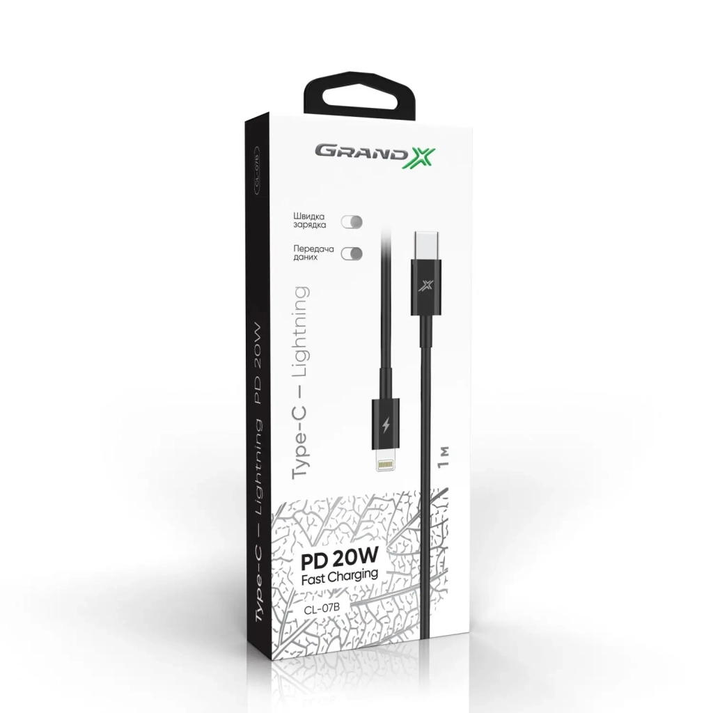 Дата кабель USB-C to Lightning 1.0m 20W CL-07B Black Grand-X (CL-07B) - зображення 3