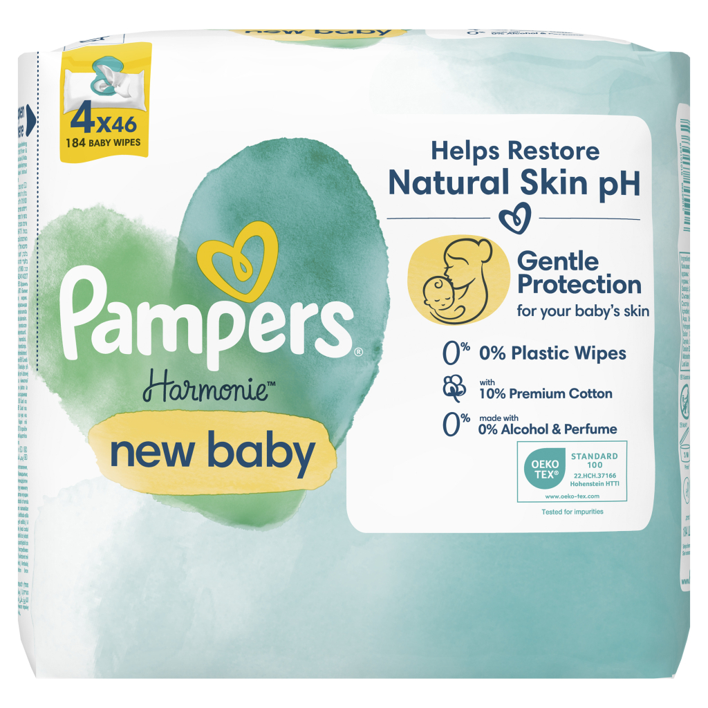 Дитячі вологі серветки Pampers Harmonie New baby 4 пачки х 46 шт (8006540815762) - изображение 2