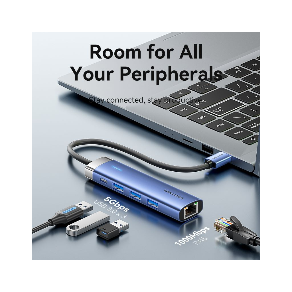 Концентратор Vention USB 3.0 to USB 3.0x3/RJ45/Type-C Hub Blue Aluminum Alloy 5-in-1 (TGFSB) - зображення 4