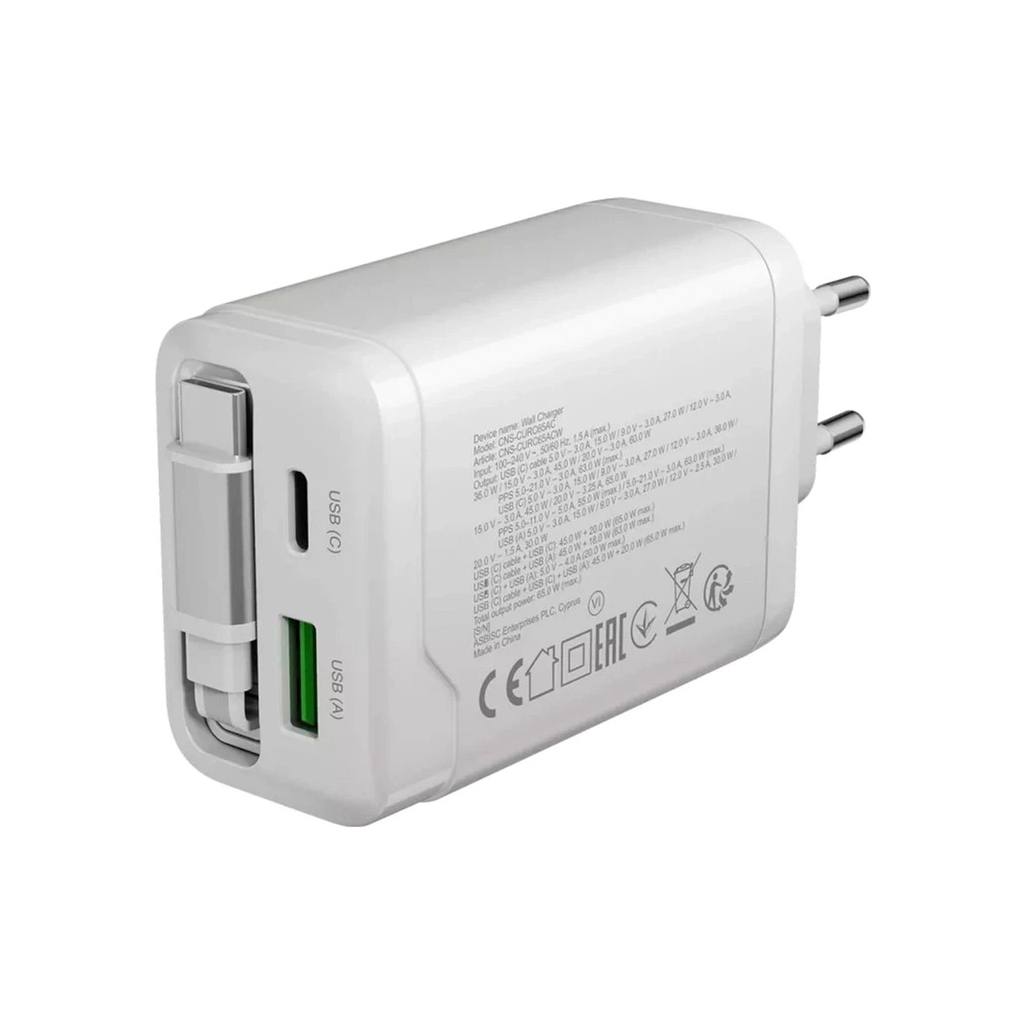 Зарядний пристрій Canyon 1xUSB-C PD65W + 1xUSB QC3.0 + cable USB-C to USB-C white (CNS-CURC65ACW) - изображение 6