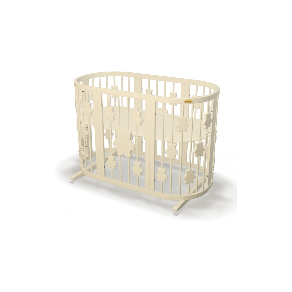 Ліжечко Ingvart трансформер Smart Bed Round (72х72, 72х120, 72х168 см) слонова кістка з декором "Ведмедики" (1321015) - зображення 1