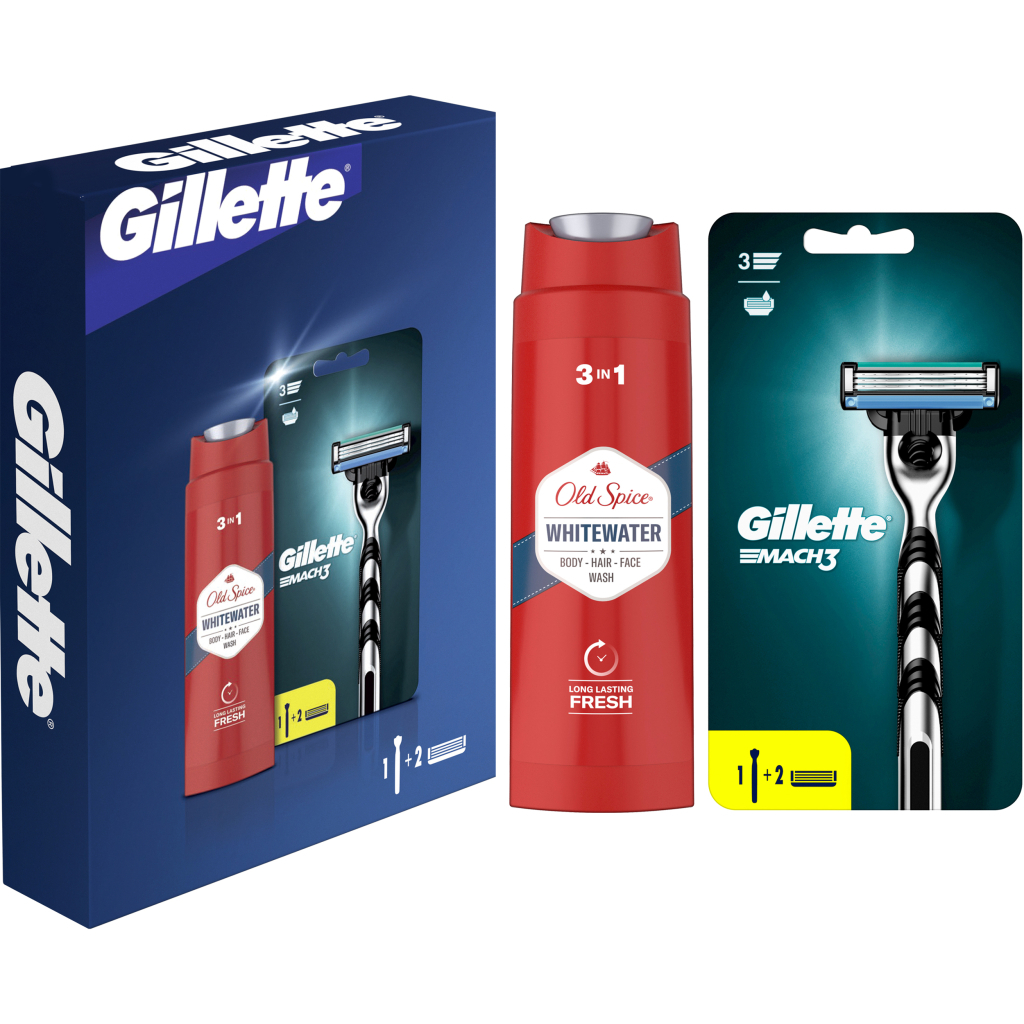 Набір косметики Gillette Станок для гоління Mach3 + 2 змінних леза + Гель для душу Old Spice 3-в-1 Whitewater 250 мл (8700216221047) - зображення 1