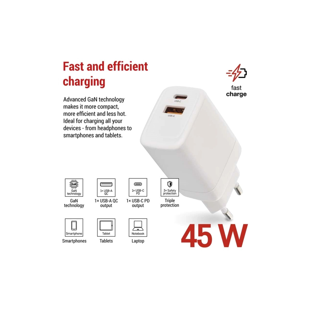 Зарядний пристрій EMOS V04G45 1xUSB-A + 1xUSB-C PD20W GaN (V04G45) - зображення 3