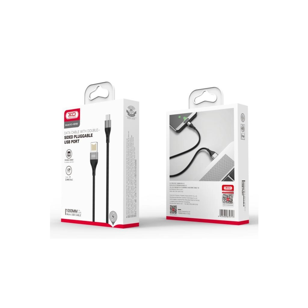 Дата кабель USB 2.0 AM to Micro 5P 1.0m 2.1A double-side black XO (NB188-M-1-BK) - зображення 2