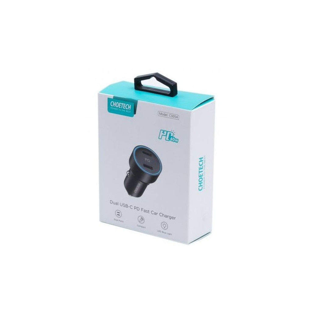 Зарядний пристрій Choetech car 2хUSB-C 40W PD black (С0054-BK) - зображення 4