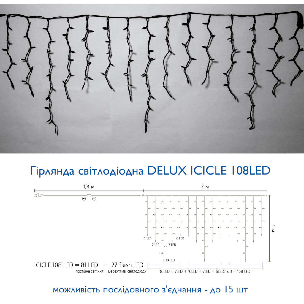 Гірлянда Delux ICICLE flash 108LED 2 х 1 м білий / чорний IP44 EN (90012940) - зображення 3