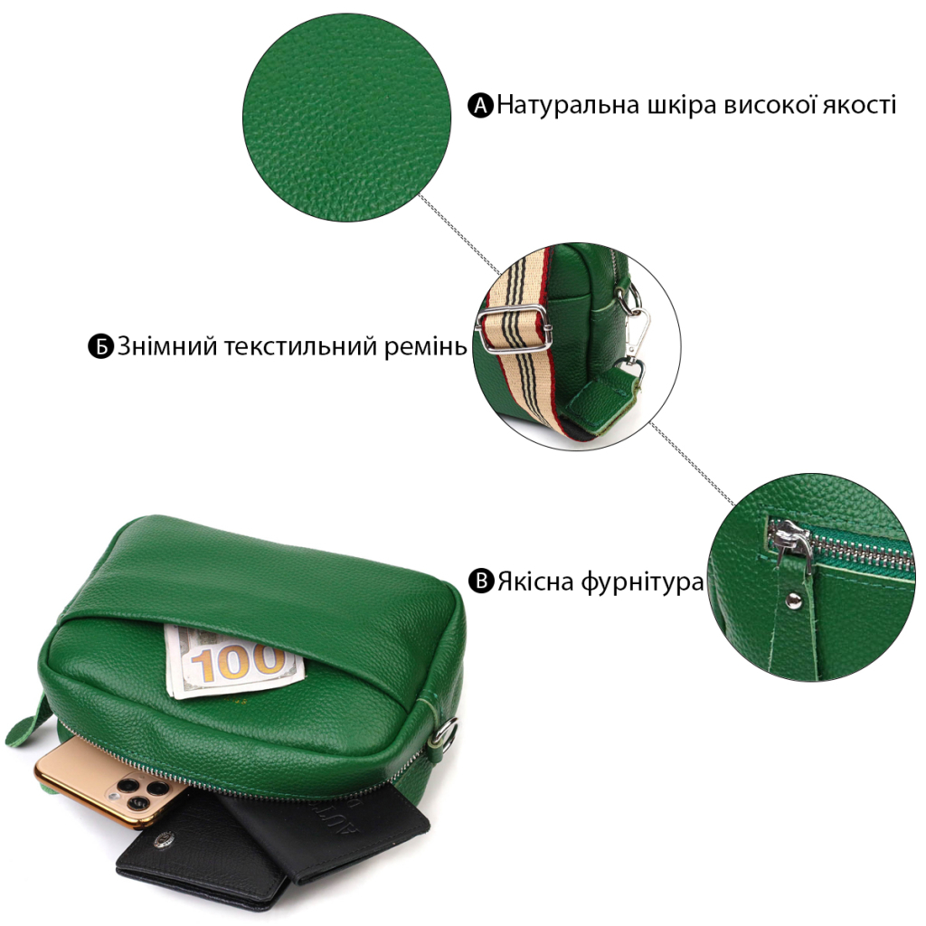 Сумка Vintage Жіноча на плече з натуральної шкіри Зелена (22120) - зображення 4