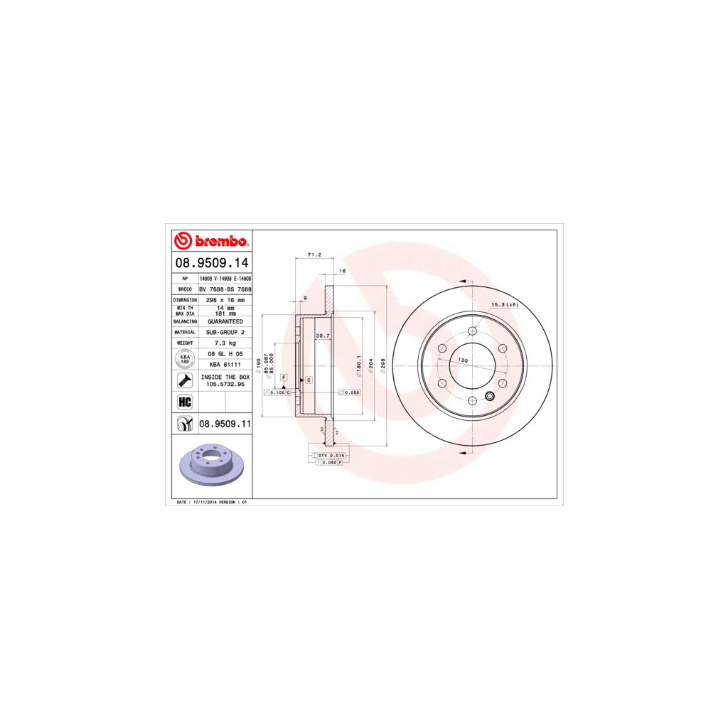 Гальмівний диск Brembo 08.9509.11 - зображення 1