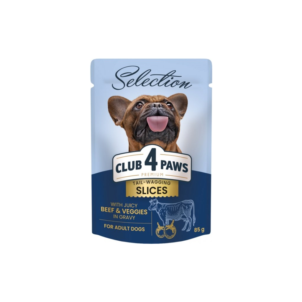 Вологий корм для собак Club 4 Paws Selection Плюс Шматочки з яловичиною та овочами в соусі 85 г (4820215368063) - зображення 1