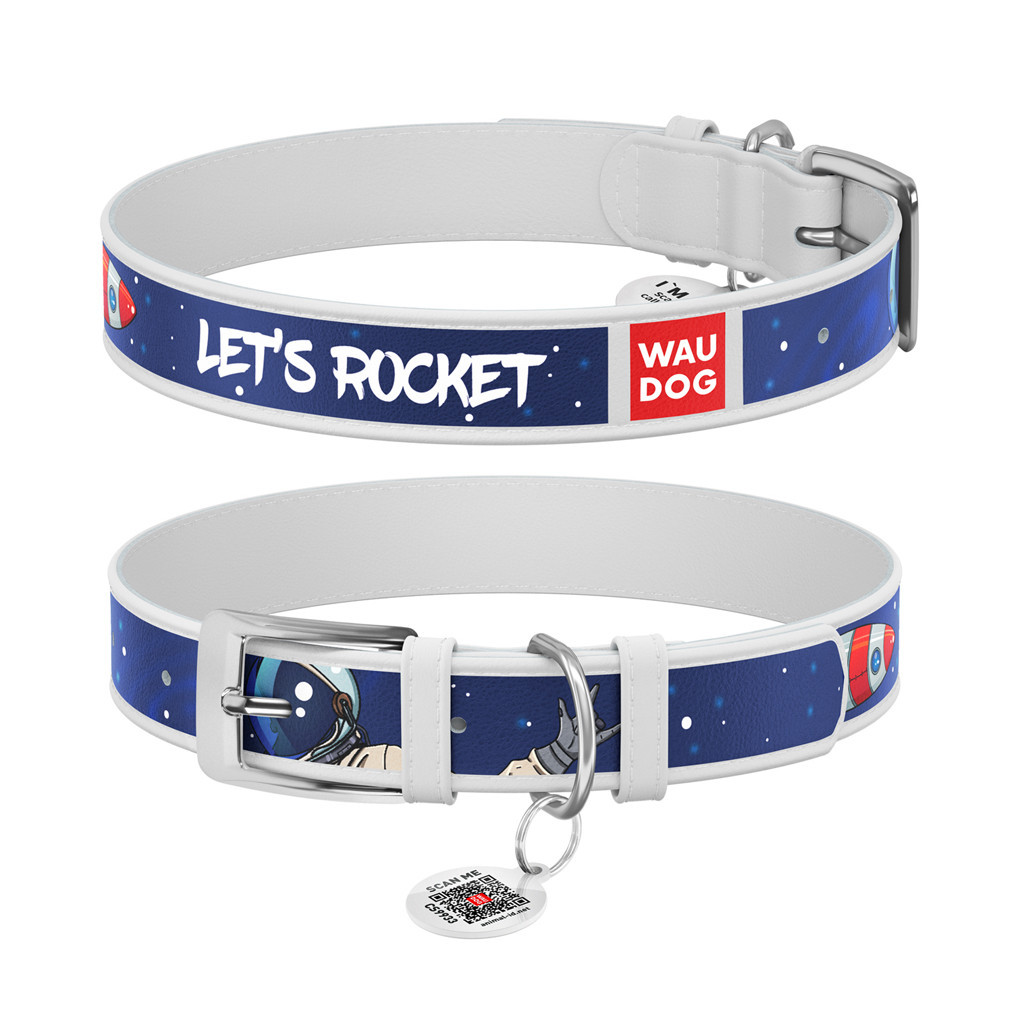 Нашийник для тварин WAUDOG Design з QR паспортом "Космос. Ракета" XL Ш 35 мм Д 44-58 см білий (0035-0125-15) - зображення 1