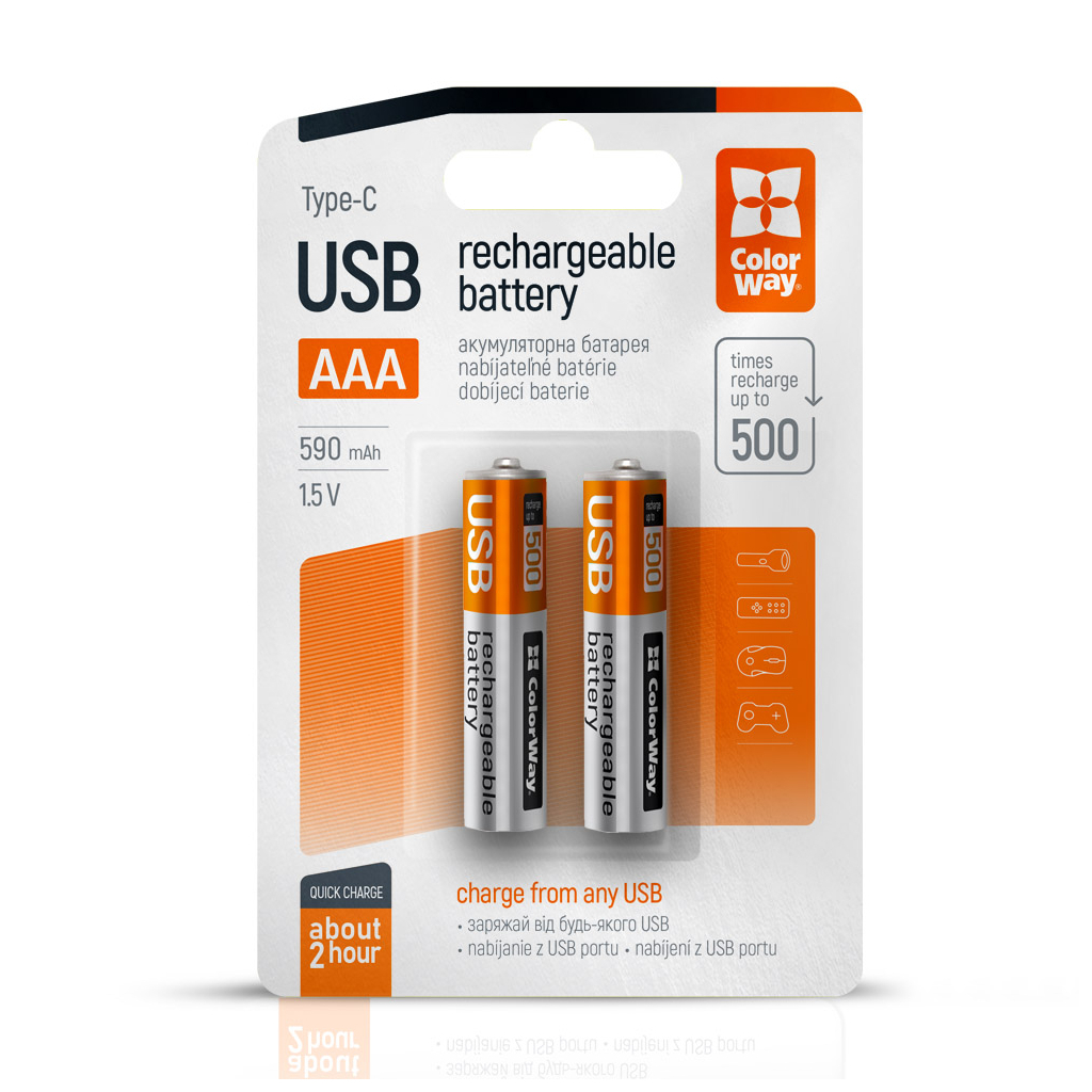 Акумулятор ColorWay AAА USB-С 590 mAh 1.5V (2шт) (Li-Polymer) (CW-UBAAA-09) - изображение 1
