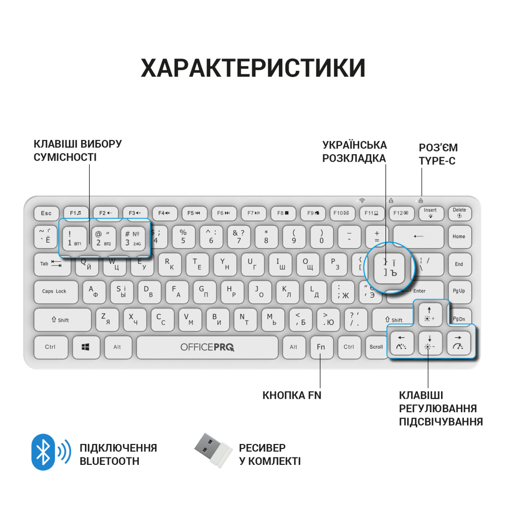 Клавіатура OfficePro SK790W Wireless/Bluetooth White (SK790W) - зображення 7