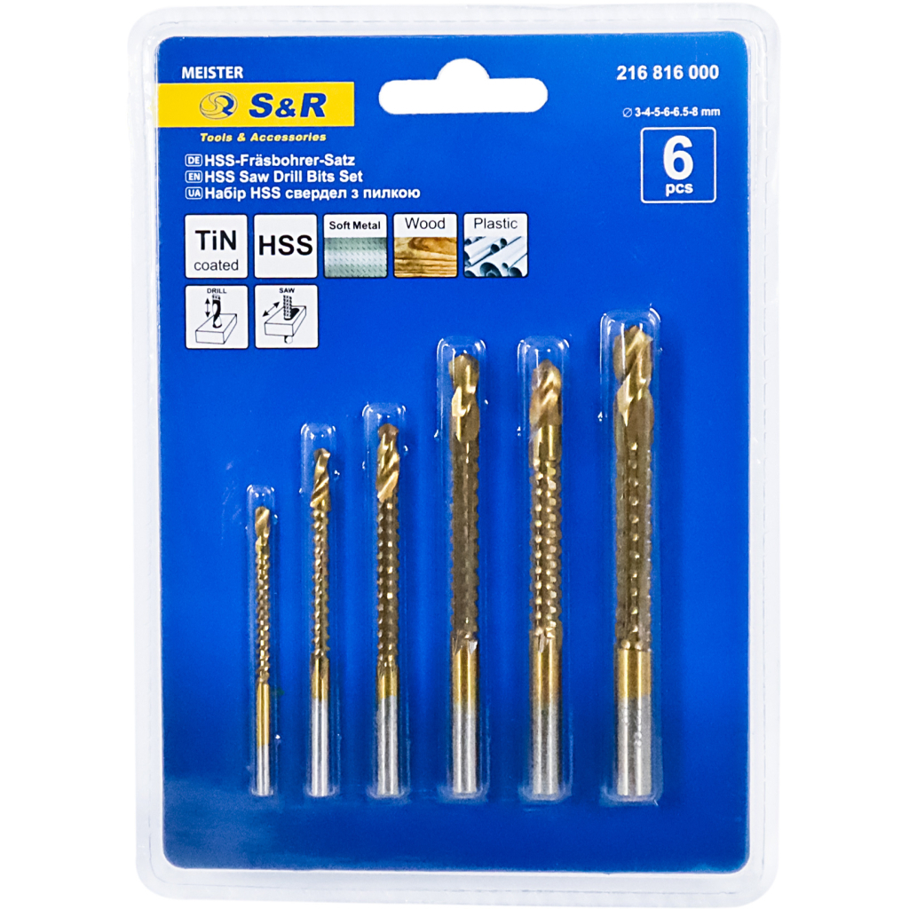 Набір свердл S&R Meister свердел-фрез 6 шт.:3, 4, 5, 6, 6.5, 8 мм дер./мет./пластик (216816000) - зображення 1