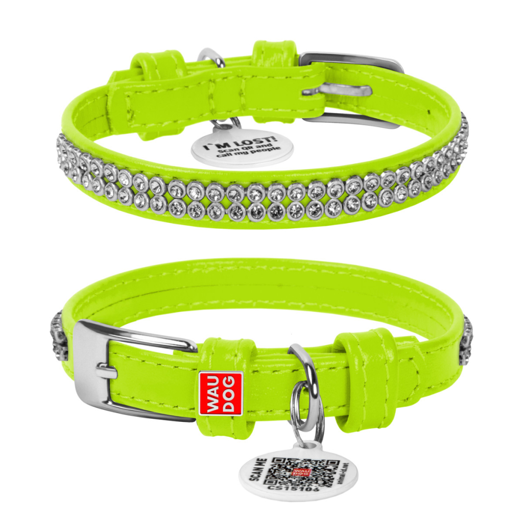 Нашийник для тварин WAUDOG Glamour з QR-паспортом "Стрази" XS Ш 12 мм салатовий (33085) - зображення 4