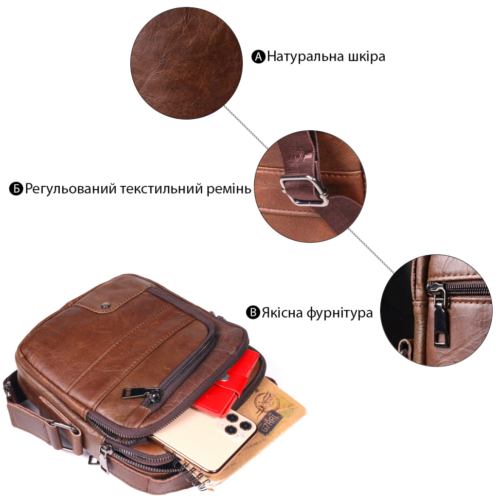 Сумка Vintage Чоловіча через плече з натуральної шкіри Світло-коричнева (21480) - зображення 4