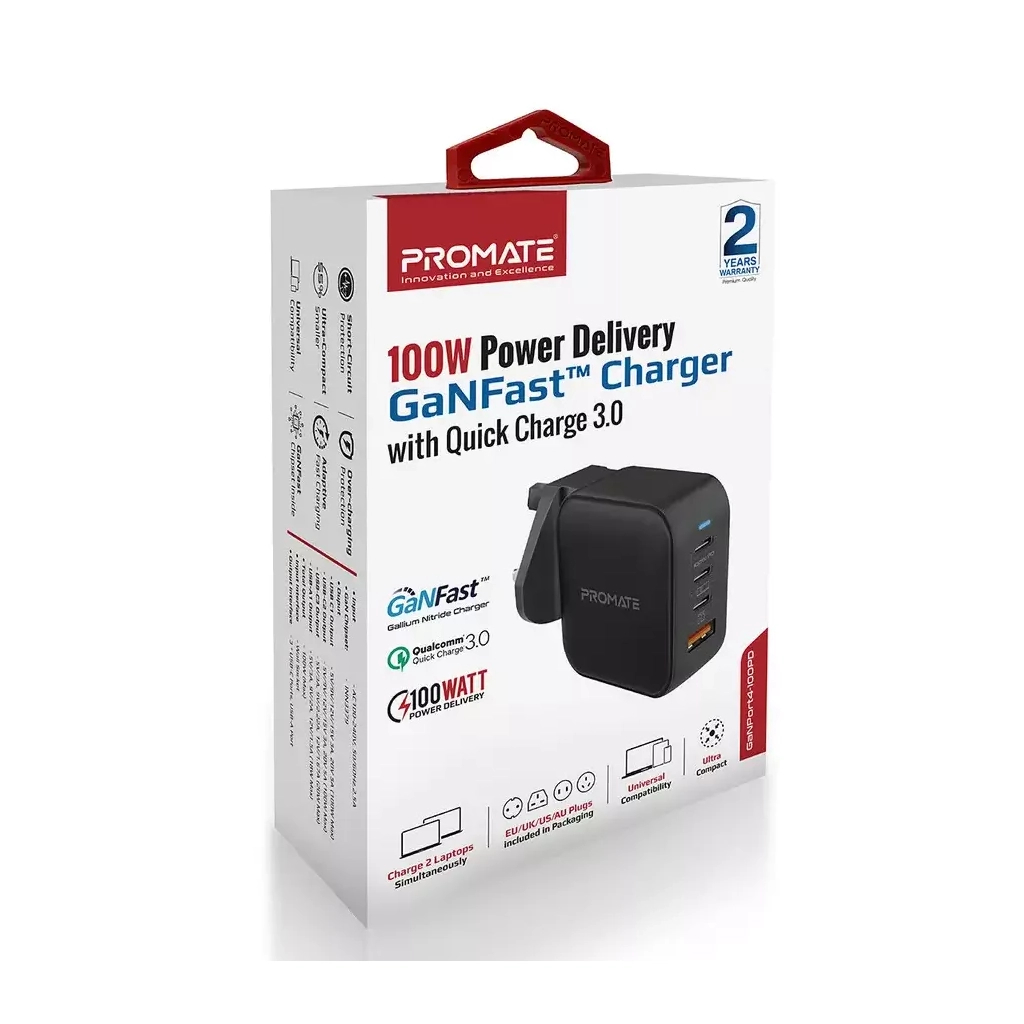 Зарядний пристрій Promate 100W 3xUSB-C + USB-A (ganport4-100pd.black) - зображення 2