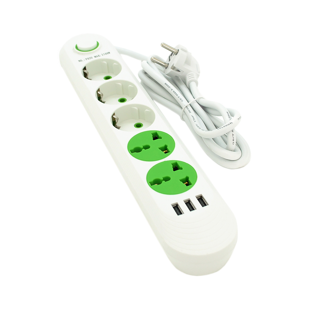 Мережевий фільтр живлення Voltronic F02U, 3роз EU + 2роз Universal, 3*USB White (F02U-White) - зображення 1