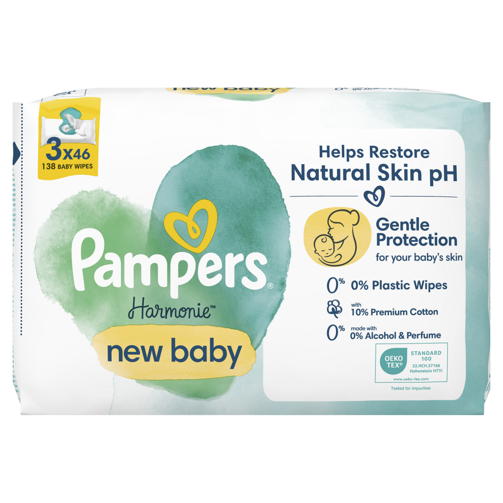 Дитячі вологі серветки Pampers Harmonie New baby 3 пачки х 46 шт (8700216201025) - зображення 2