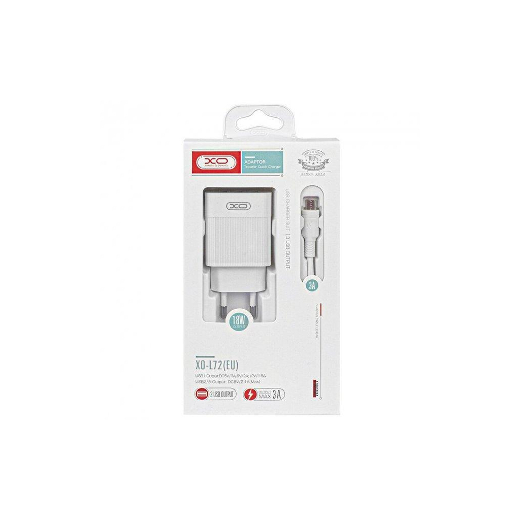 Зарядний пристрій XO USB L72 (3A, QC3.0, 3 Usb) + cable Micro USB White (XO-L72-BK) - зображення 6