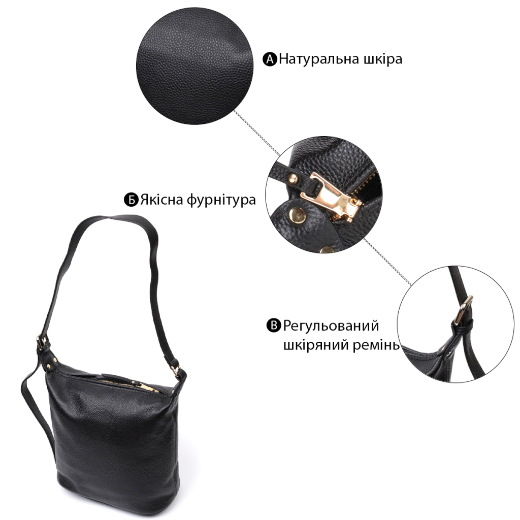 Сумка Vintage Містка Жіноча з однією довгою ручкою з натуральної шкіри Чорна (22305) - зображення 4
