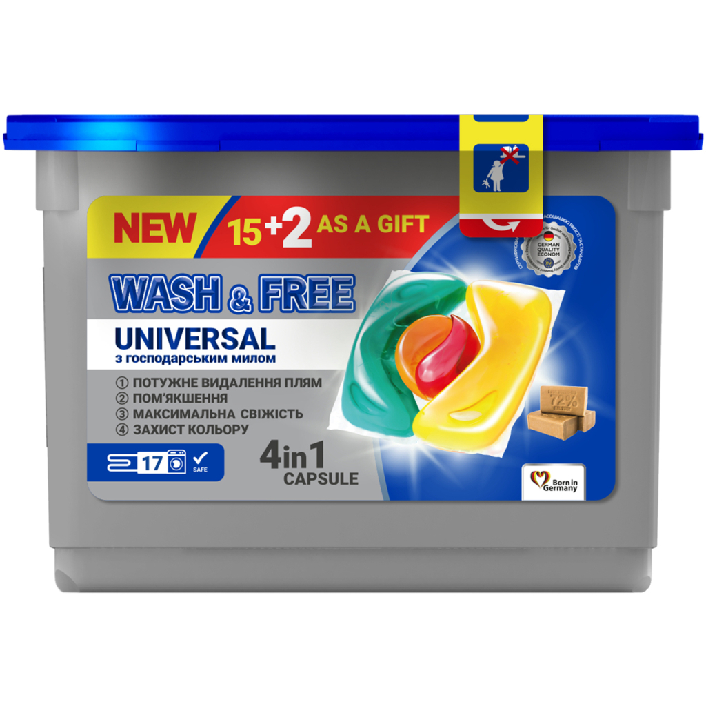 Капсули для прання Wash&Free Universal зі стружкою господарського мила 17 шт. (4260637720504) - зображення 1