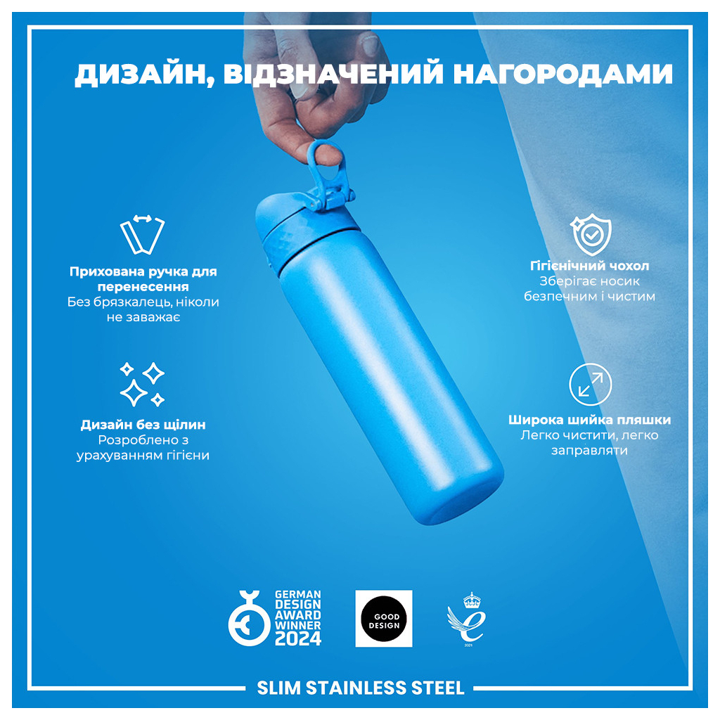 Пляшка для води ION8 OneTouch Stainless Steel 600 мл Blue (I8SS600BLU) - зображення 4