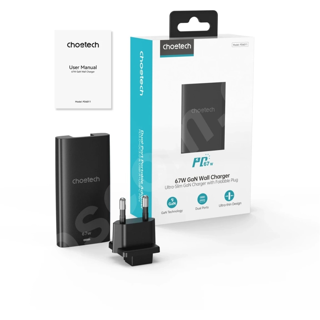 Зарядний пристрій Choetech 2xUSB 65W GaN (USB-C+USB-A) Ultra thin (PD6011-EU-BK) - зображення 2