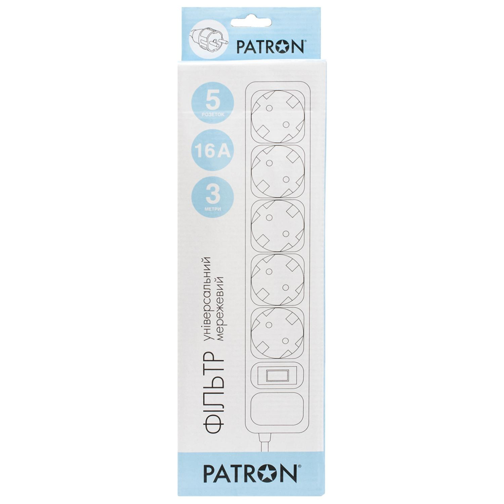 Мережевий фільтр живлення Patron 3.0 m3*1.5mm2 (SP-1653) 5 розеток BLACK (EXT-PN-SP-1653) - зображення 2