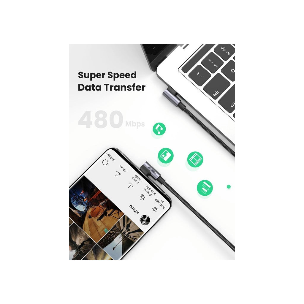 Дата кабель USB-C to USB-C 2.0m 5A 100W US335 90-degree Space Gray Ugreen (70698) - зображення 3