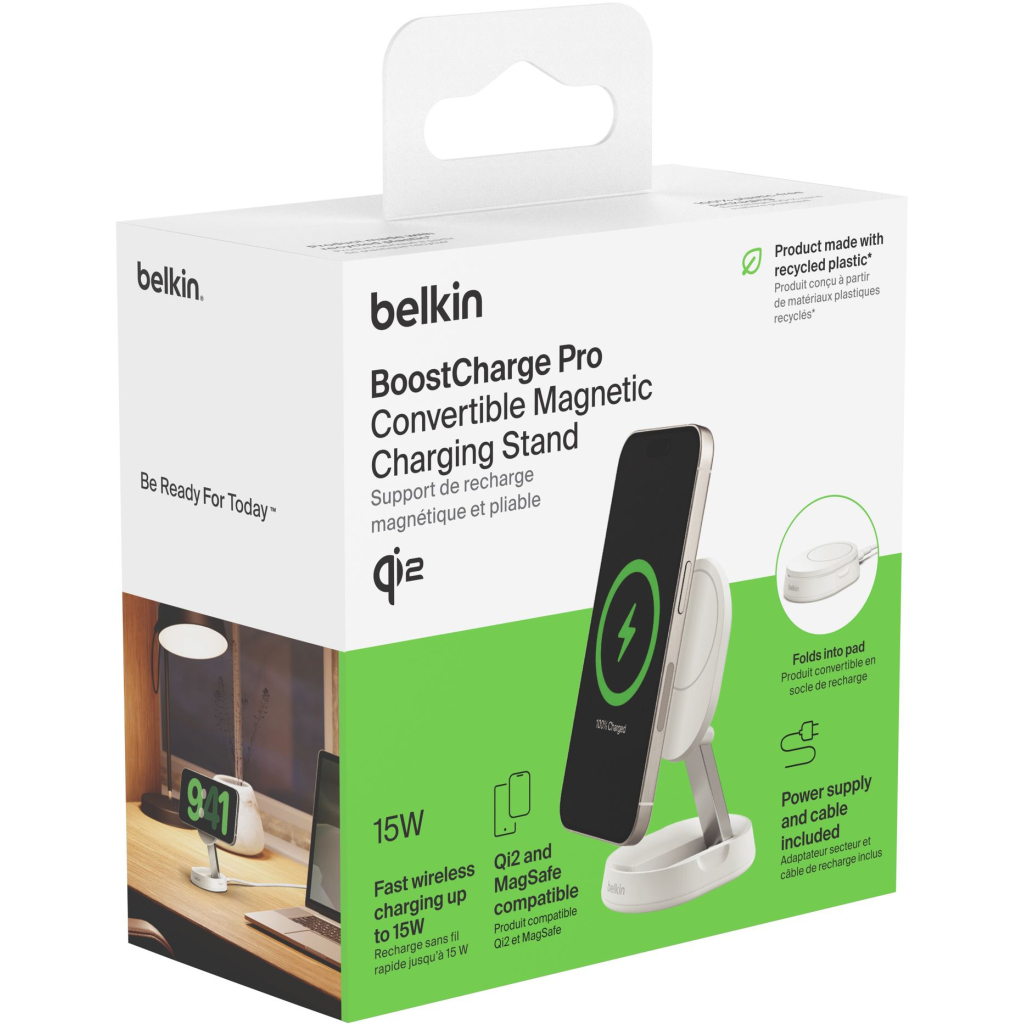 Зарядний пристрій Belkin 15W Magnetic Stand Qi2 20W adapter USB-C white (WIA008VFWH) - зображення 7