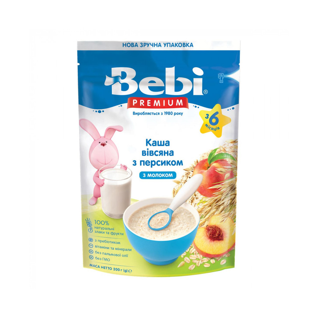 Дитяча каша Bebi Premium молочна вівсяна з персиком +6 міс. 200 г (8606019654306) - изображение 1