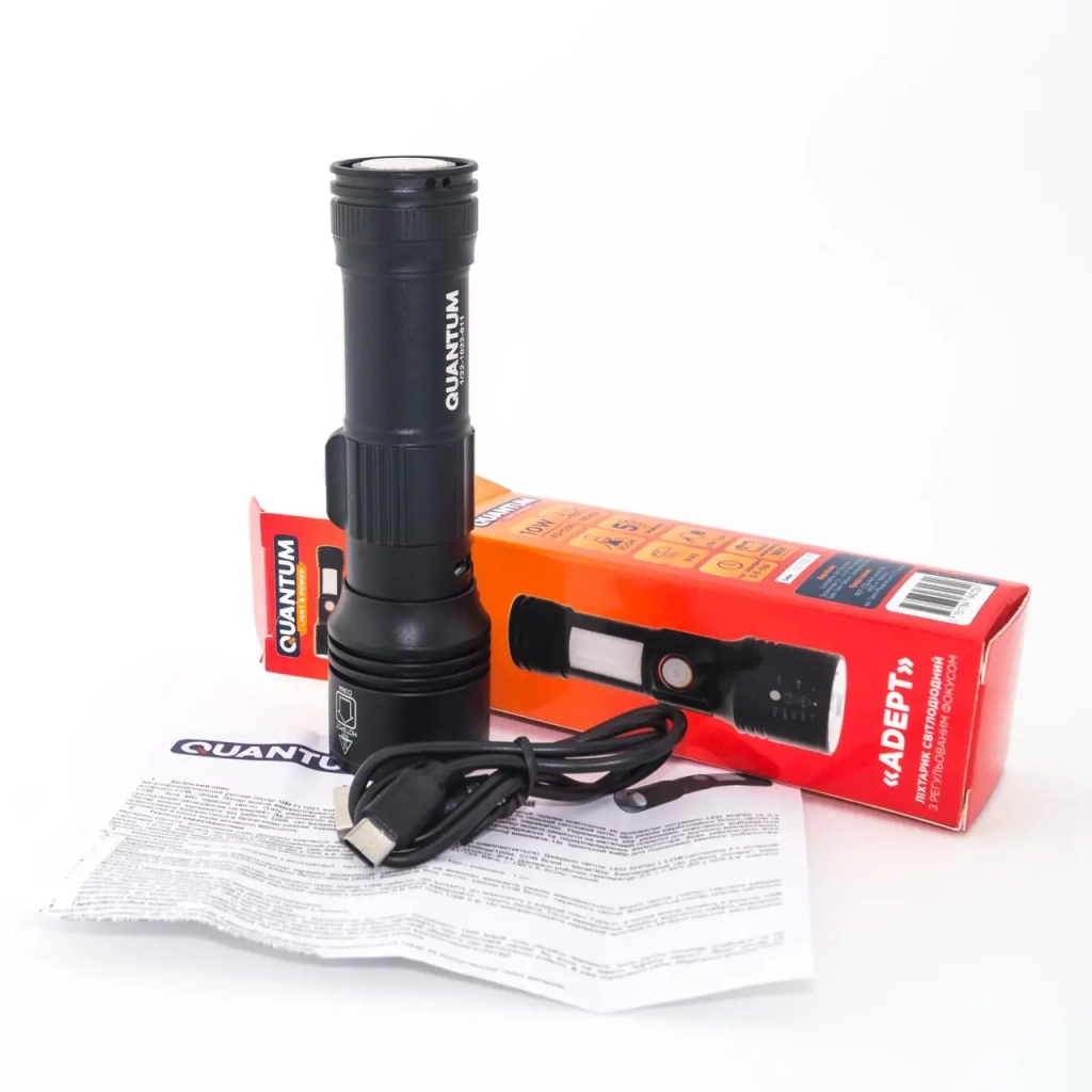 Ліхтар Quantum Adept 10W LED zoom +COB з USB+ Li-ion18650/2600mAh (QM-FL1031-18650/2600) - зображення 9