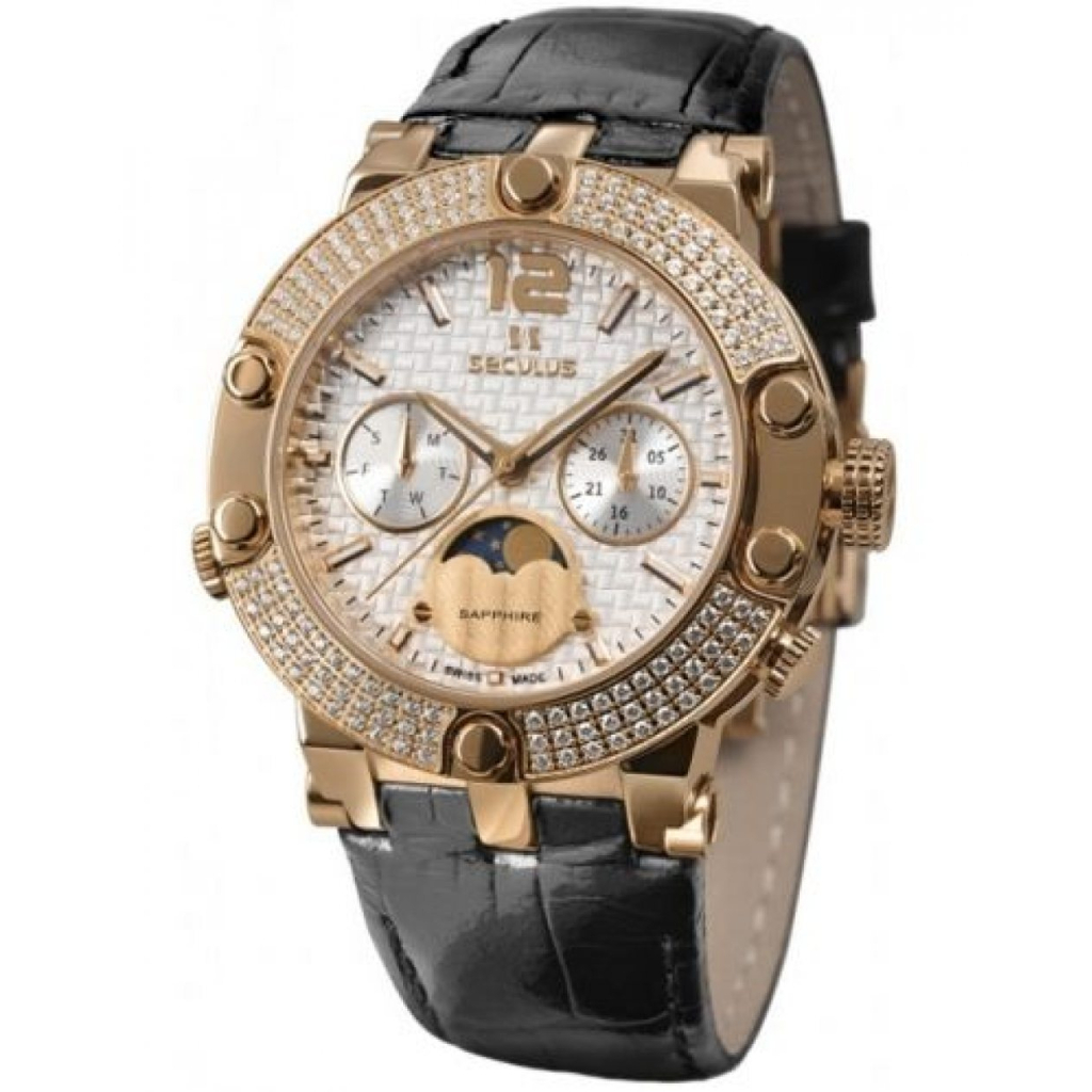 Наручний годинник Seculus 1690.5.706 white, pvd-r with stones, black leather - зображення 1