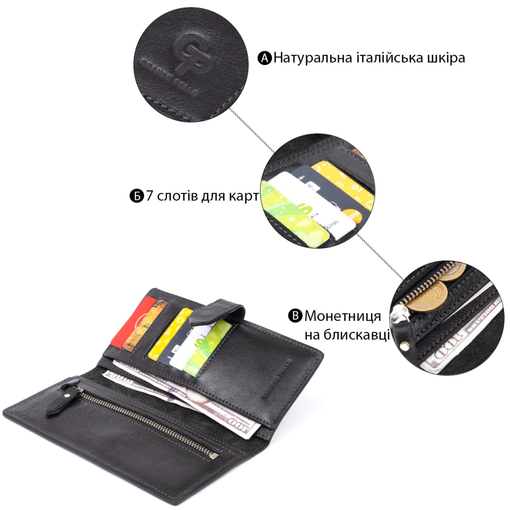 Гаманець Grande Pelle Anet на кнопці Чорний (11324) - зображення 4