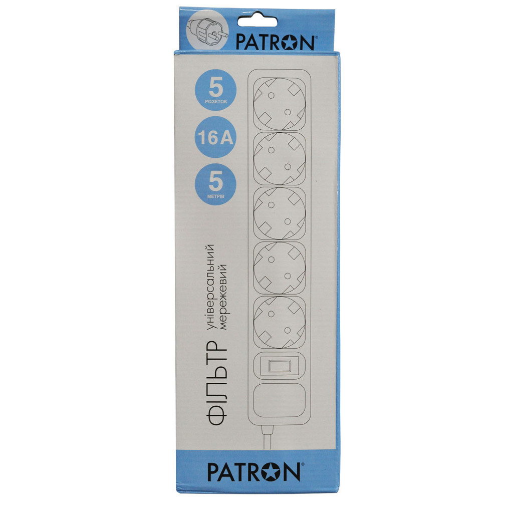 Мережевий фільтр живлення Patron 5.0 m, 3*1.5mm2 (SP-1655) 5 розеток BLACK (EXT-PN-SP-1655) - зображення 2