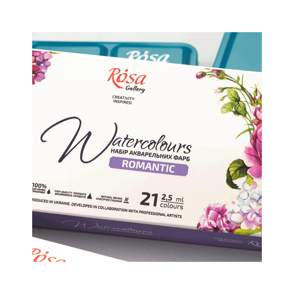 Акварельні фарби Rosa Gallery Romantic в металевому пеналі Бірюза 21 колір кювета (4823098525745) - зображення 5