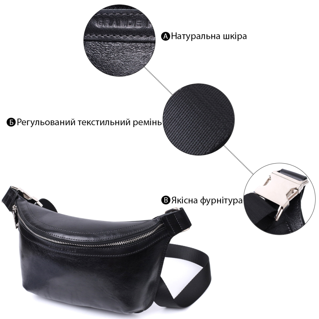Сумка Grande Pelle Шкіряна бананка унісекс Чорна (22813) - зображення 4