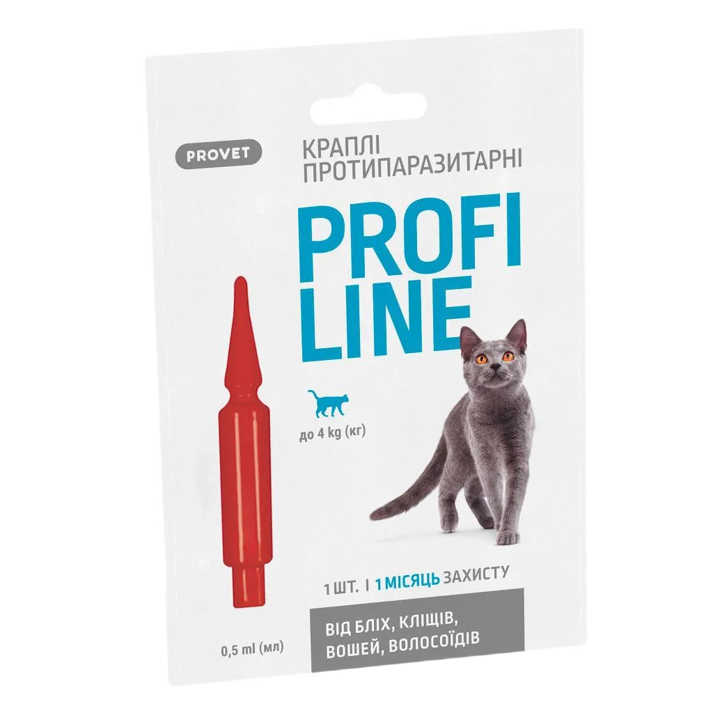 Краплі для тварин ProVET Profiline інсектоакарицид для котів до 4 кг 1/0.5 мл (4823082431137) - изображение 1