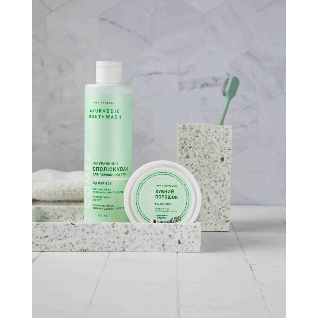 Зубний порошок Comex Натуральний Від карієсу З ефірною олією чайного дерева та м'яти 70 г (4820230953039) - изображение 2