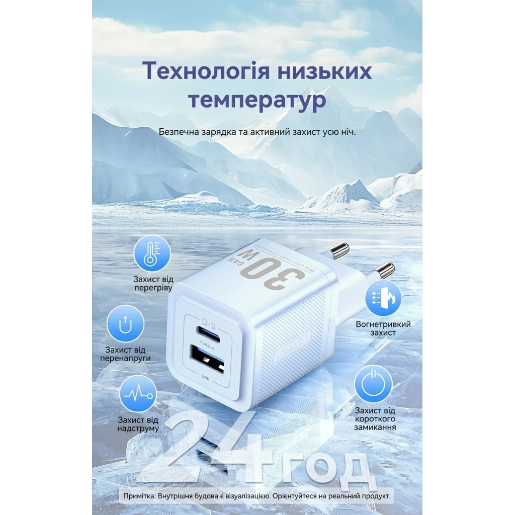 Зарядний пристрій VENTION 1xUSB-C PD30W + 1xUSB QC3.0 30W GaN white (FEQW0-EU) - зображення 8