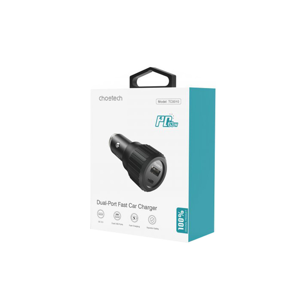 Зарядний пристрій Choetech car USB-A/USB-C 63W QC3.0/PD/PPS black (TC0010-BK) - зображення 3