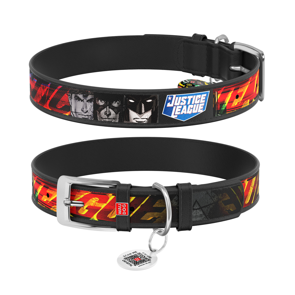Нашийник для тварин WAUDOG Design з QR паспортом "Ліга справедливості" Ш 35 мм Д 44-58 см чорний (0035-1010-01) - зображення 1