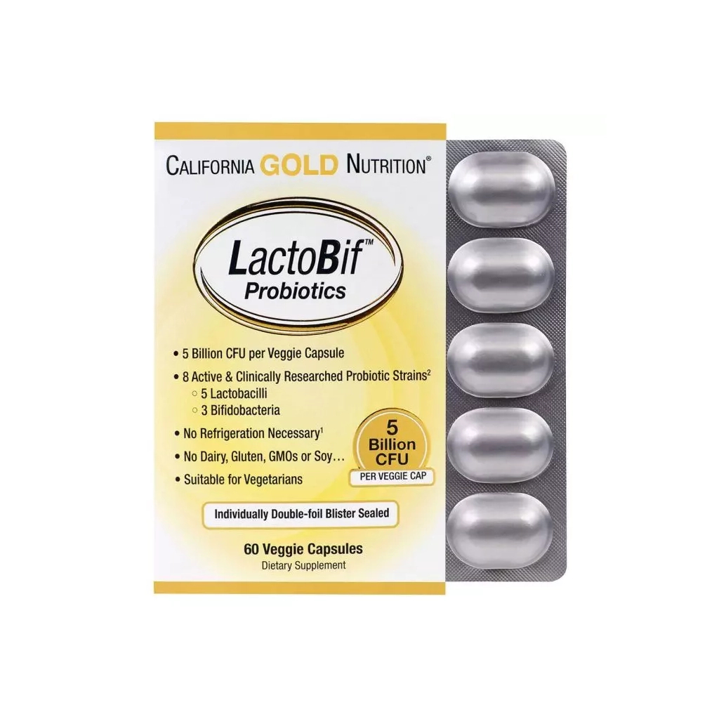Пробіотики California Gold Nutrition Пробіотик LactoBif, Probiotics, 5 млрд КУО, 60 овочевих капс (CGN-00963) - зображення 1