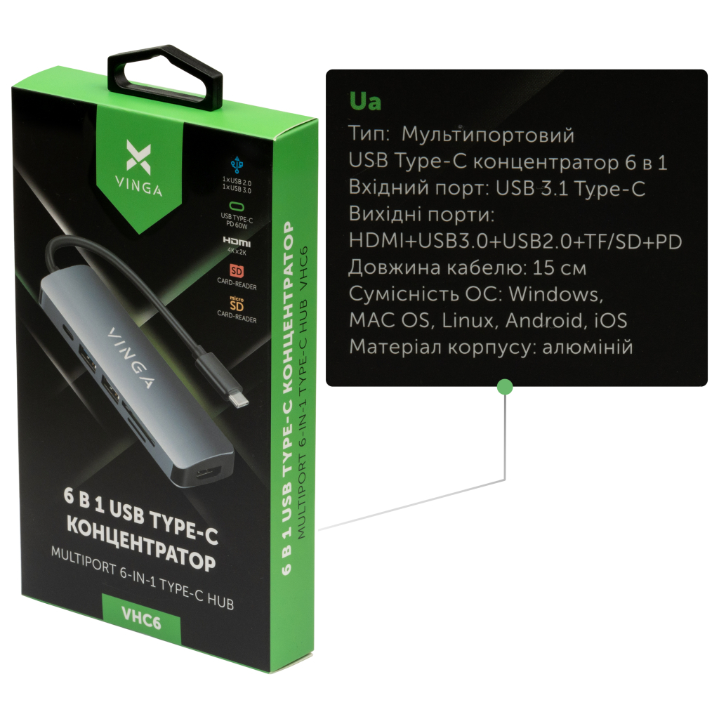 Концентратор Vinga USB Type-C 3.1 to HDMI+USB3.0+USB 2.0+SD/microSD+PD 6in1 (VHC6) - зображення 4