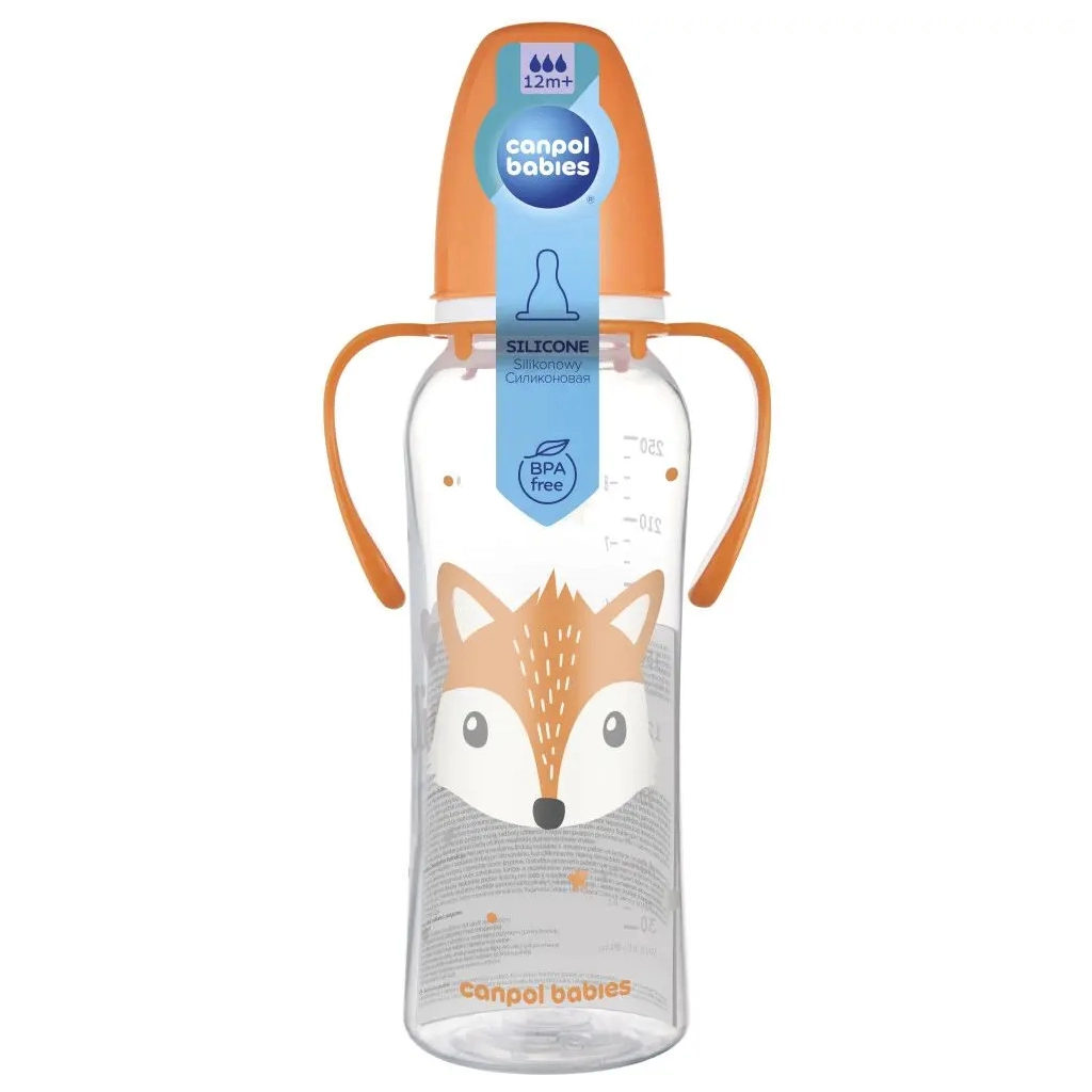 Пляшечка для годування Canpol babies CUTE ANIMALS стандартна з ручками 250 мл помаранчева (11/845_ora) - зображення 3
