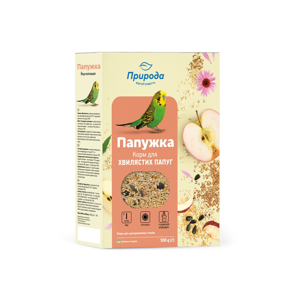 Корм для птахів Природа для хвилястих папуг, йод + ехінацея 500 г (4823082410842) - зображення 1