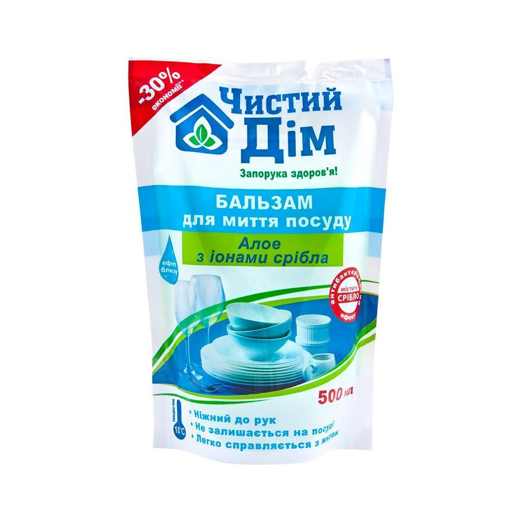 Засіб для ручного миття посуду Чистий Дім Алое з іонами срібла дой-пак 500 мл (4820091143679) - зображення 1
