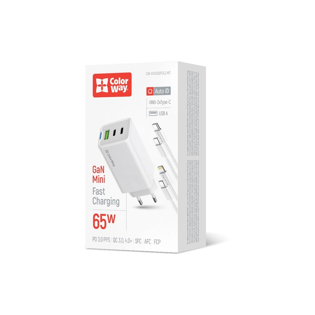 Зарядний пристрій ColorWay GaN Mini 65W PD Port PPS USB (USB-2C1A) cable Type-C&Lightning (CW-CHS058PDCL-WT) - зображення 6