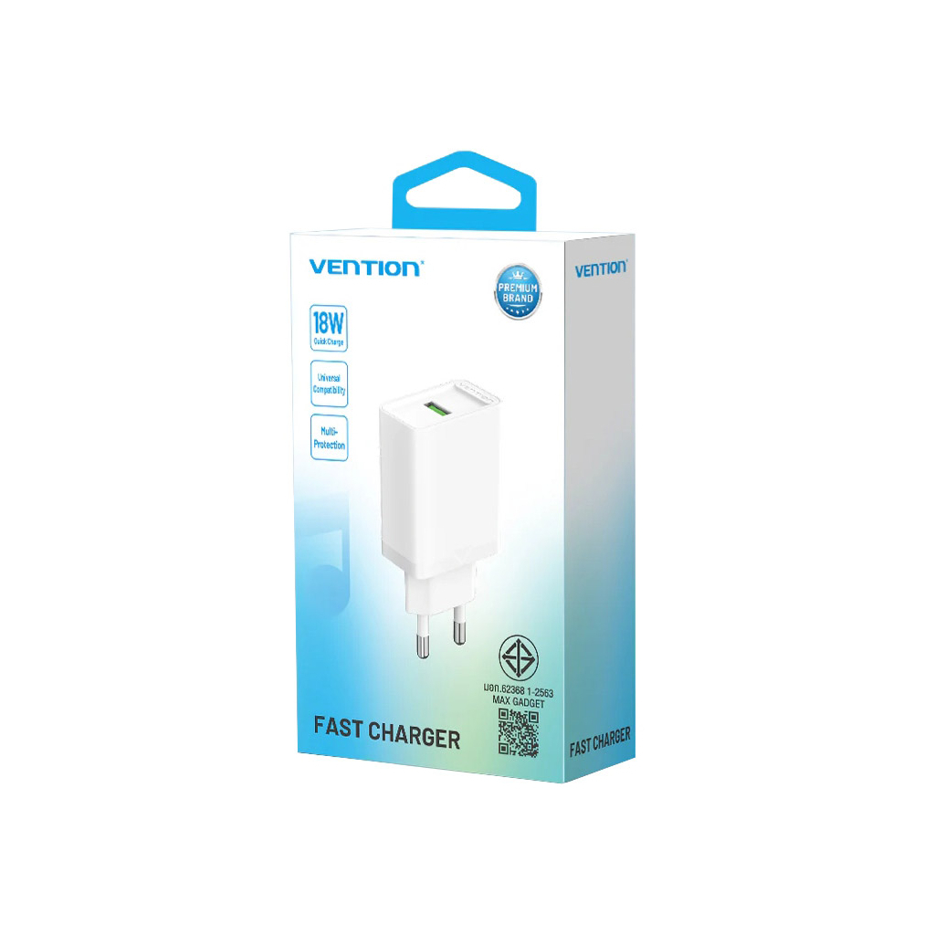 Зарядний пристрій Vention 1xUSB 18W (USB-A) QC3.0 white (FABW0-EU) - зображення 3