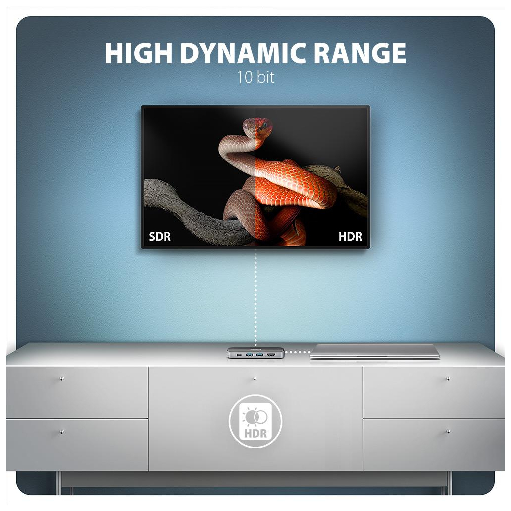 Концентратор AXAGON USB-C to 2xUSB-A + 1xUSB-C + HDMI + RJ45 + PD100W 0.2m grey (HMC-6GLN) - зображення 5